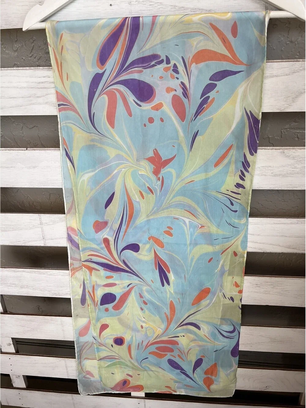 Women's Silk Rectangle Pastel Blue Orange Scarf Size 68”x14”